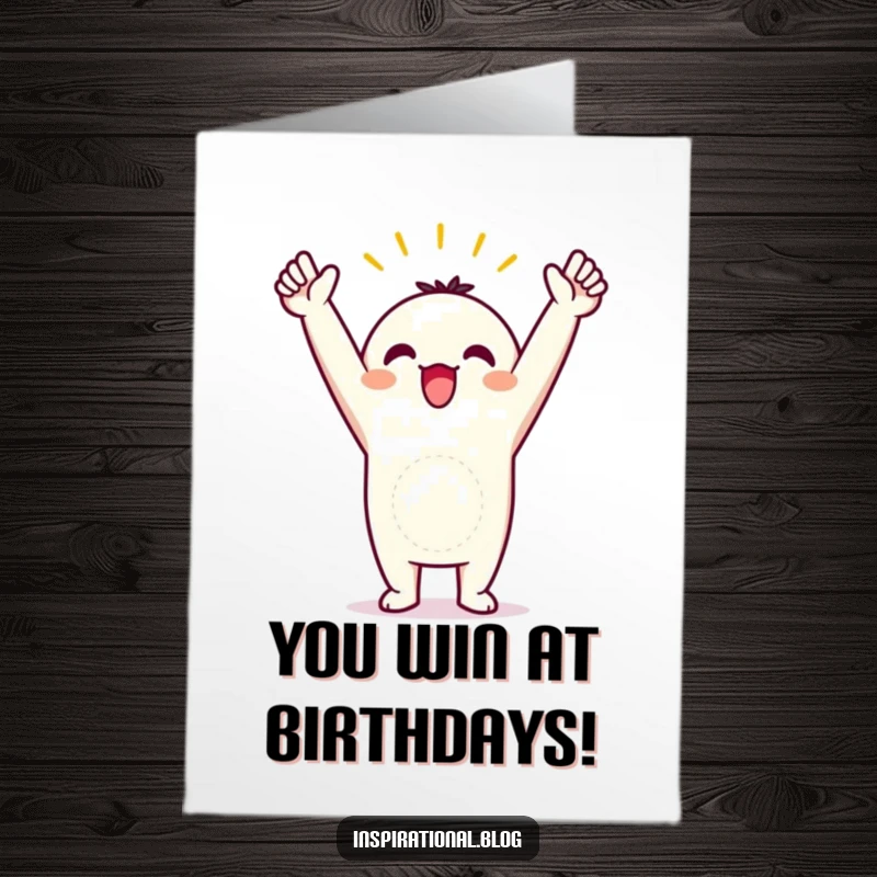 Funny Free Printable Kawaii Triumphant Birthday Card: Character in triumphant pose, arms in air, celebrating, print at home.