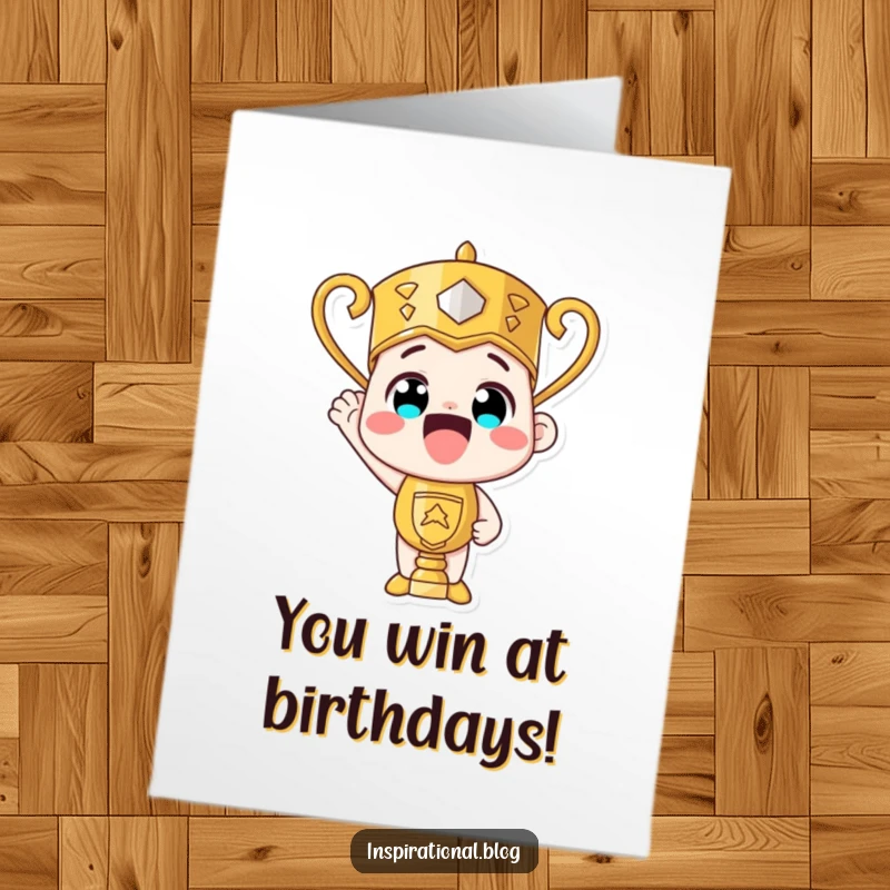Funny Free Printable Birthday Card featuring a trophy beaming with pride, celebrating a victorious year. Downloadable art.