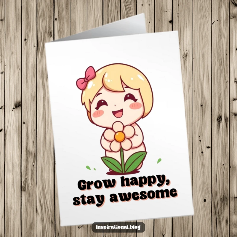 Funny Free Printable Birthday Card: A happy character plants a cheerful smiling flower, symbolizing growth and happiness.