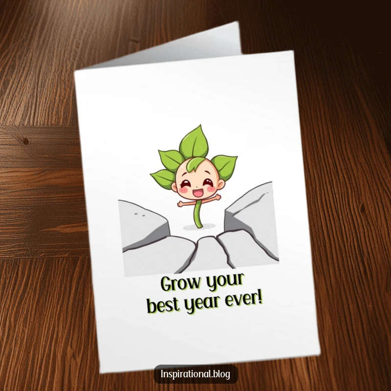 Funny Free Printable Birthday Card showing a determined sprout joyfully pushing through a cracked pavement, symbolizing resilience and growth.