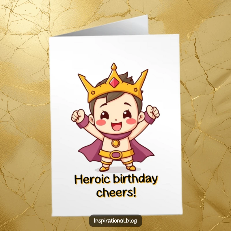 Funny Free Printable Birthday Card: A tiny cheerful character striking a heroic pose with a triumphant smile for your birthday.