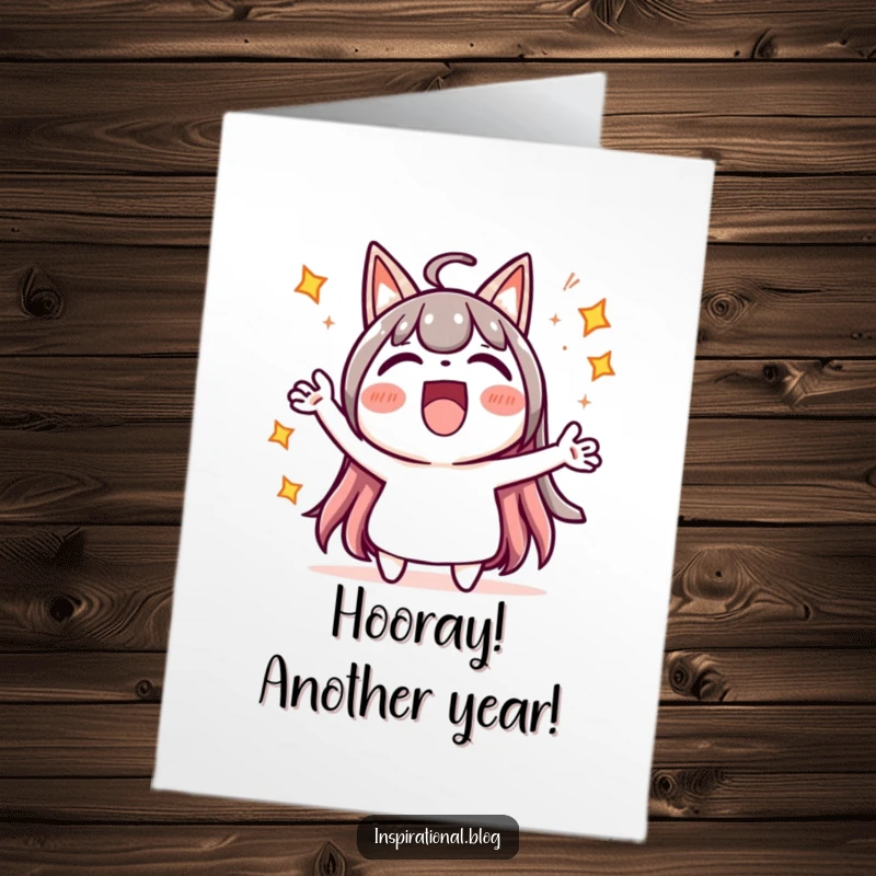Funny Free Printable Birthday Card: Kawaii character cheering with excitement and starbursts, full of birthday spirit.