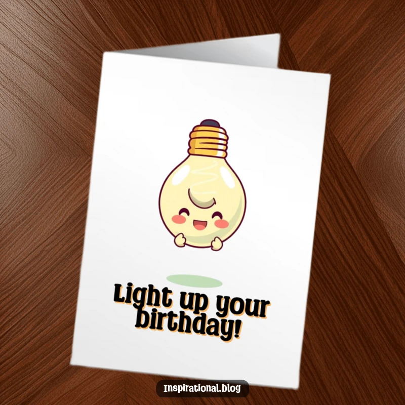 Funny Free Printable Birthday Card: Character peeking curiously from behind a large, floating, smiling lightbulb.