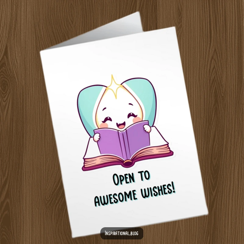 Funny Free Printable Birthday Card: Smiling book character opening to reveal sparkling light, wishing a year of discovery, DIY gift.