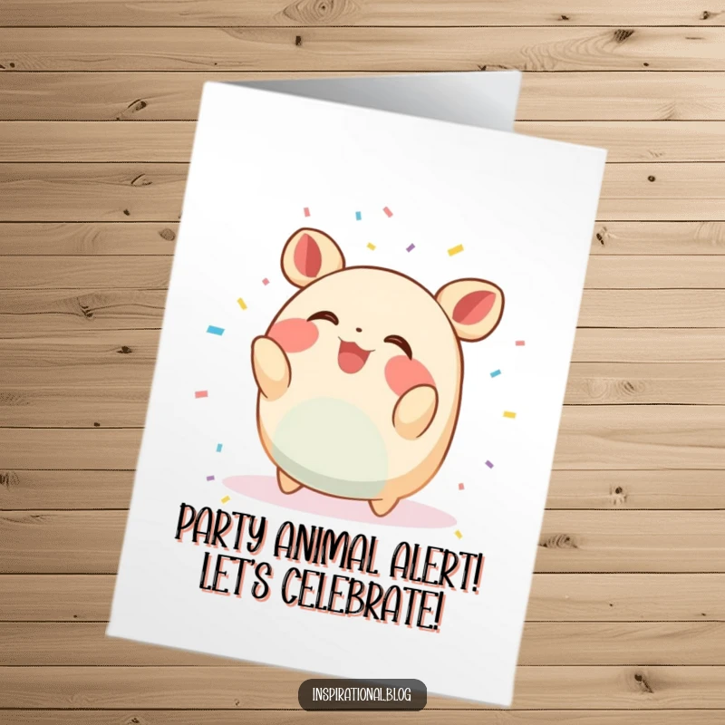 Funny Free Printable Birthday Card featuring a round creature joyfully tossing confetti and giggling, spreading cheer.