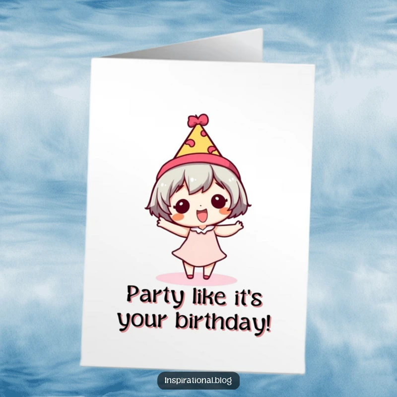 Funny Free Printable Birthday Card: Tiny character in a festive hat does a hilarious silly dance.
