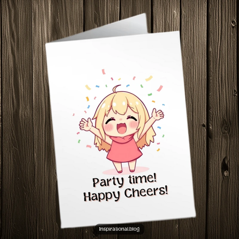 Funny Free Printable Birthday Card featuring a character cheering wildly amidst a shower of colorful confetti, celebrating a joyous occasion.