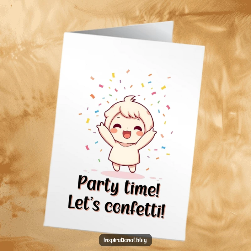 Funny Free Printable Kawaii Confetti Birthday Card: Character throwing confetti bomb, celebrating joyfully, print at home.