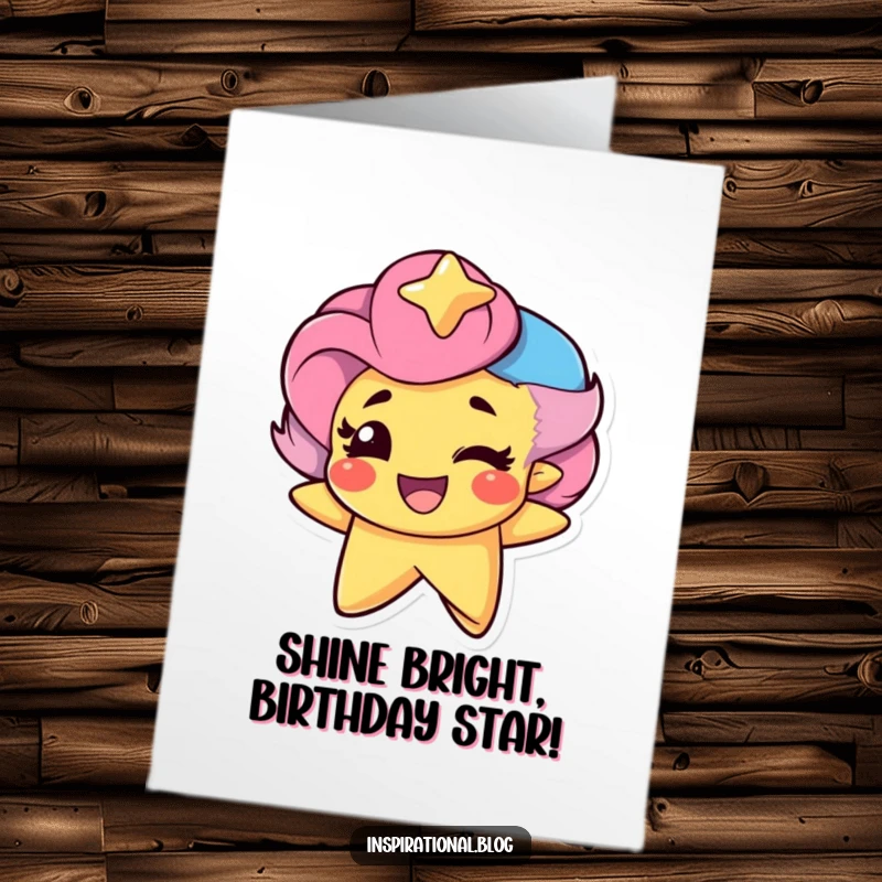 Funny Free Printable Birthday Card featuring a charming star character winking and smiling proudly, ready to celebrate.