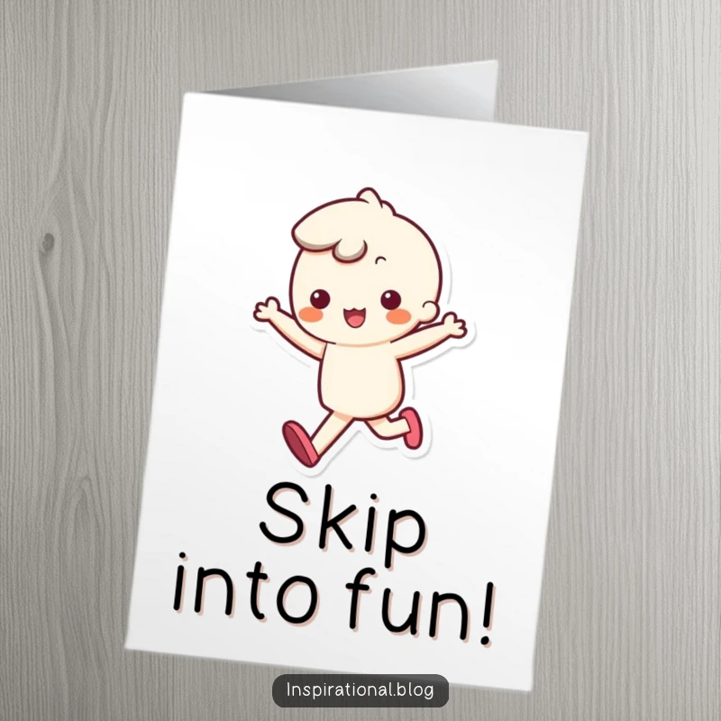 Funny Free Printable Birthday Card: Kawaii character happily skipping with a bouncy, joyful step, celebrating.