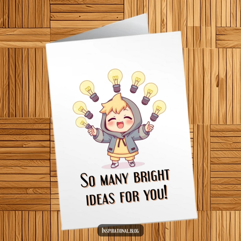 Funny Free Printable Birthday Card featuring a character juggling bright light bulbs, symbolizing brilliant ideas and festive celebration.