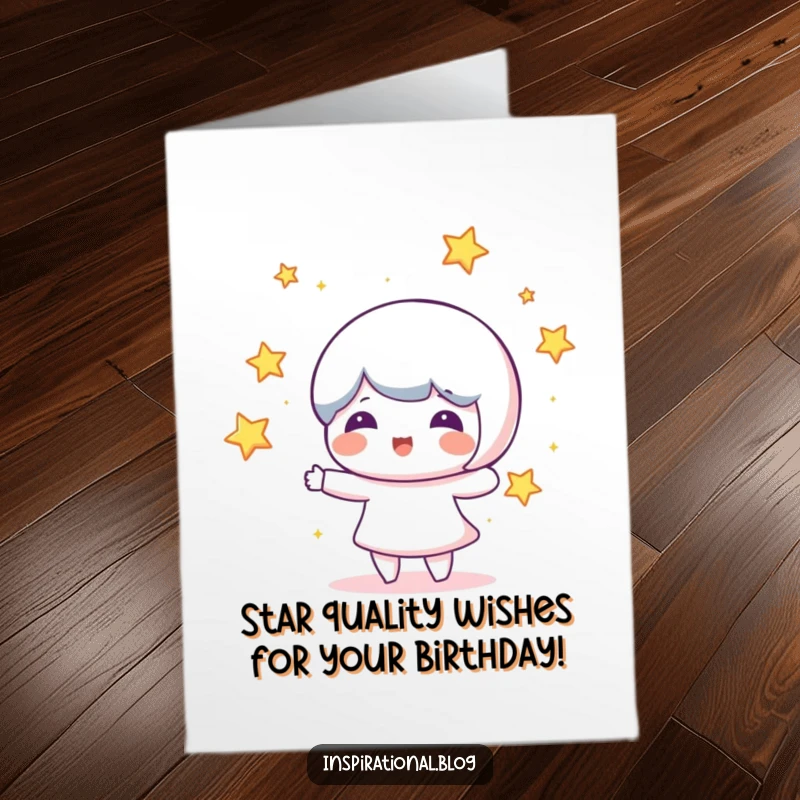 Funny Free Printable Birthday Card featuring a character joyfully juggling glowing stars, perfect for a stellar and hilarious celebration.