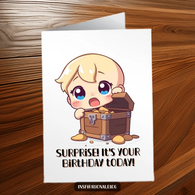 Funny Free Printable Birthday Card showing a character with wide eyes discovering a treasure chest, symbolizing a valuable and surprising celebration.