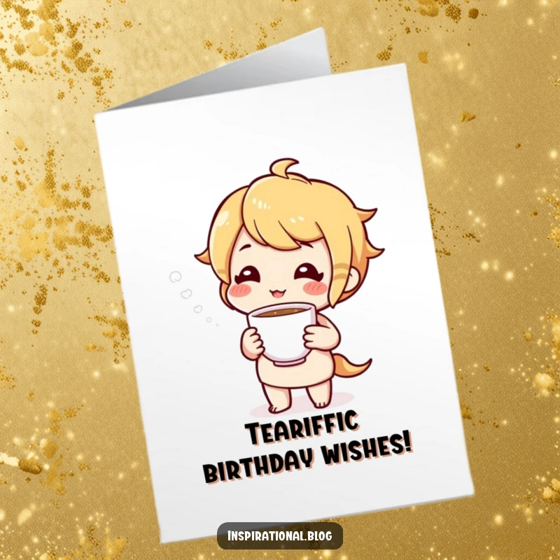 Funny Free Printable Birthday Card: A cheerful character offers a warm cup of tea, perfect for a cozy birthday wish.