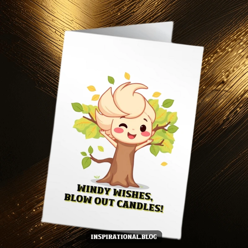 Funny Free Printable Birthday Card featuring a joyful wind spirit playfully scattering autumn leaves around a cheerful tree.