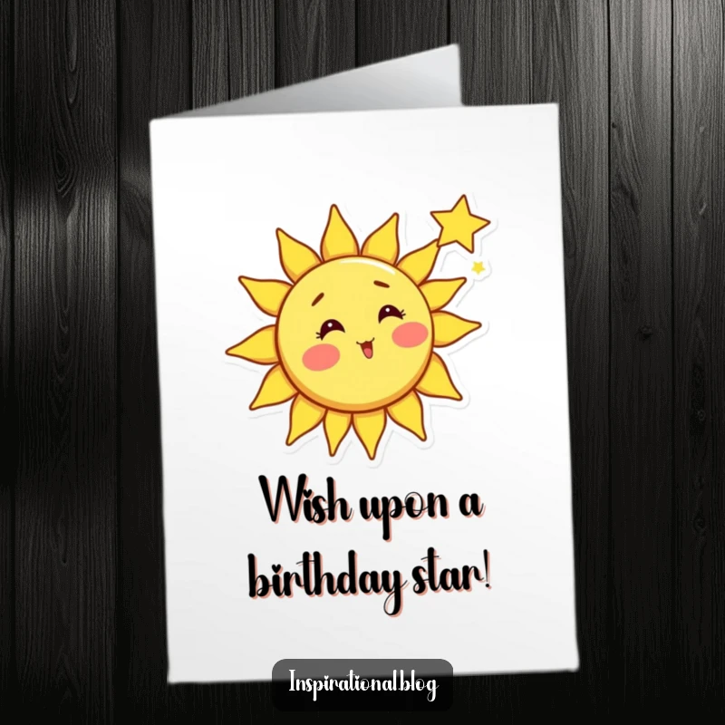 Funny Free Printable Birthday Card: A bright sun character with rosy cheeks looking surprised as a shooting star flies by, making a birthday wish.
