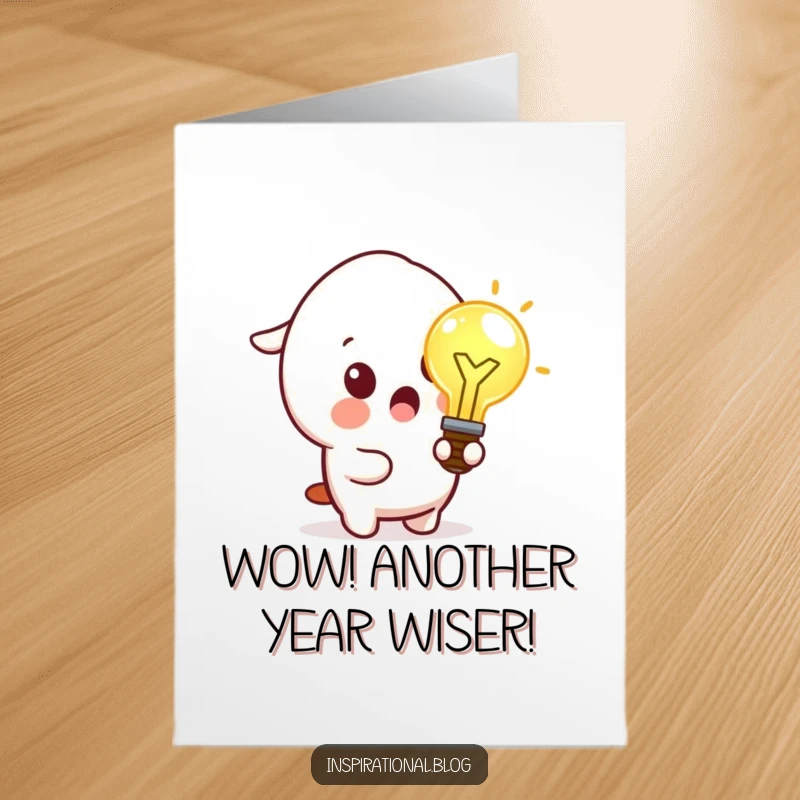 Funny Free Printable Kawaii Idea Bulb Birthday Card: Character with surprised gasp, holding glowing idea, print at home.