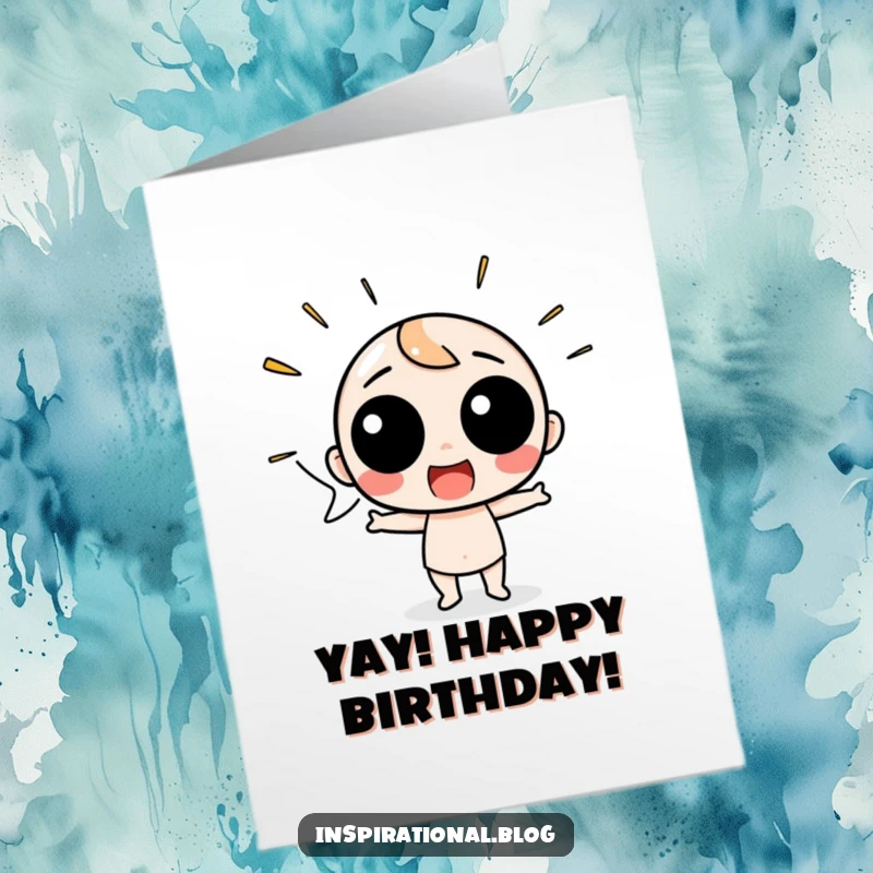 Funny Free Printable birthday card showing a speech bubble character shouting with pure excitement and festive energy.