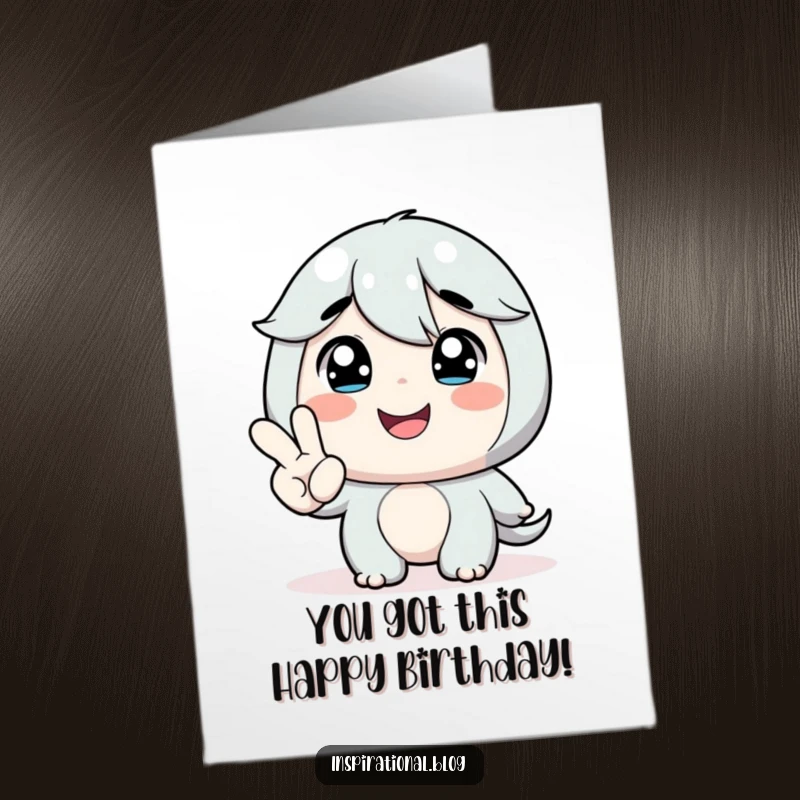 Funny Free Printable Birthday Card featuring a character smiling warmly as a tiny, supportive hand offers encouragement, symbolizing friendship and care.