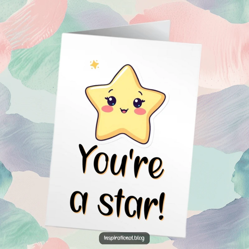 Free Printable birthday card: A cheerful kawaii pen character happily drawing a shining star, radiating creative joy.