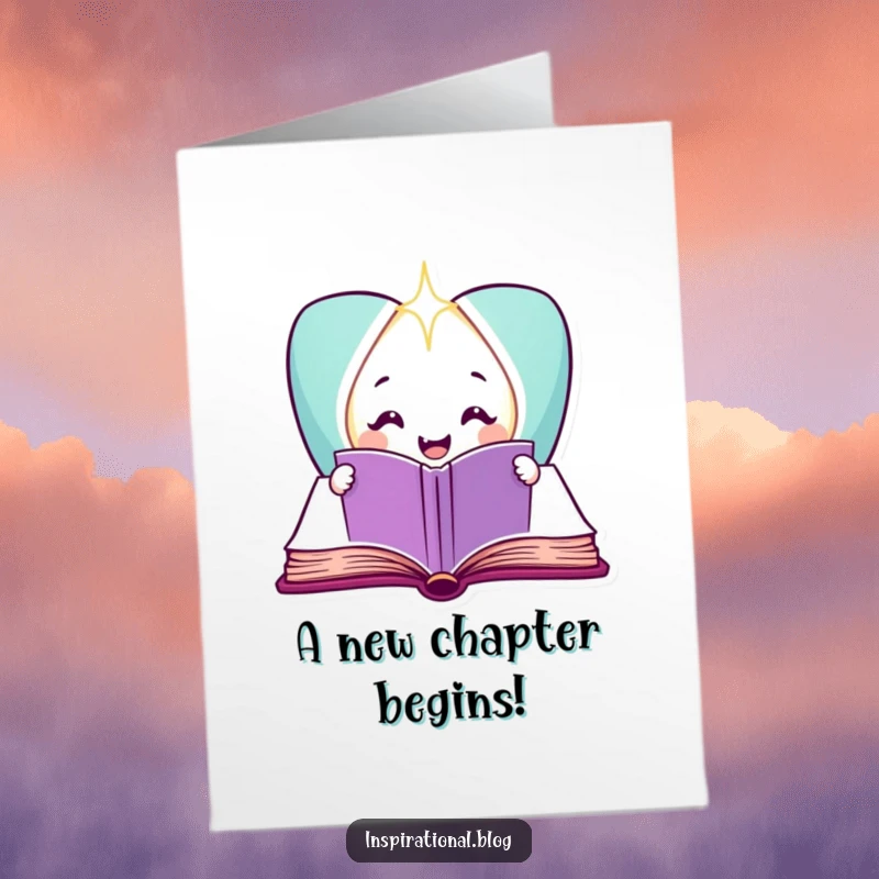 Funny Free Printable Congratulations Card: Smiling book character opening to reveal sparkling light, celebrating new beginnings, downloadable art.