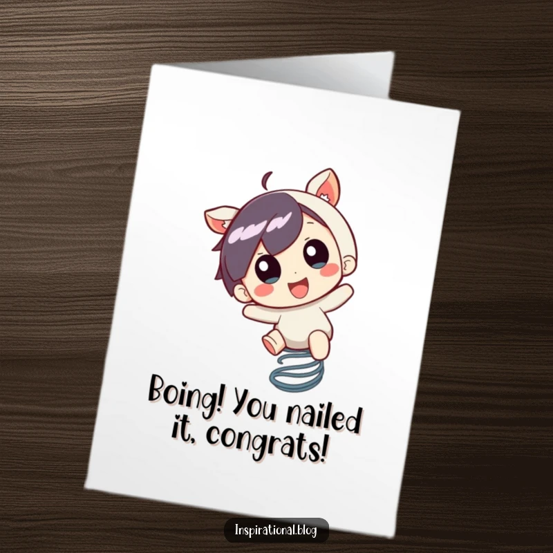 Funny Free Printable Congratulations Card of a character bouncing high on a spring, radiating excitement.