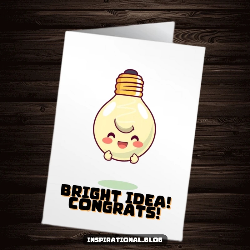 Funny Free Printable Congratulations Card: Character peeking from behind a smiling lightbulb to celebrate success.