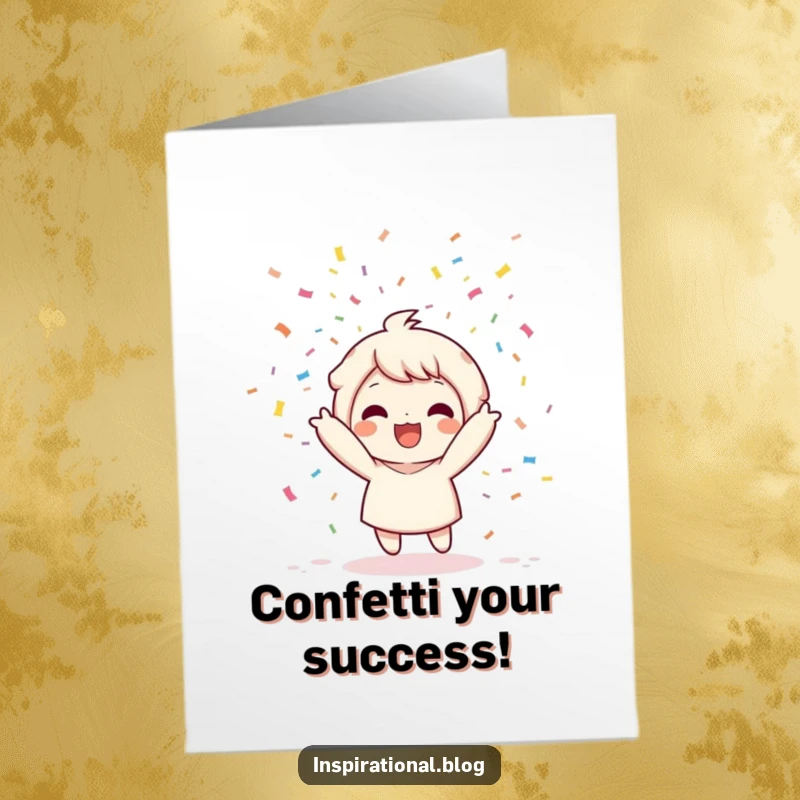 Funny Free Printable Kawaii Confetti Congrats Card: Character throwing confetti bomb, celebrating success, print at home.