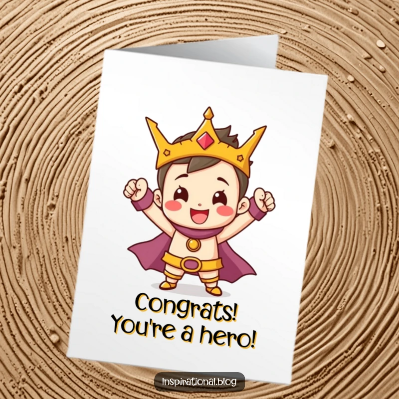 Funny Free Printable Congratulations Card: A tiny cheerful character striking a heroic pose with a triumphant smile for your win.
