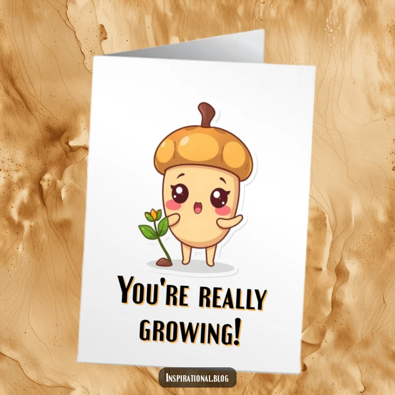 Funny Free Printable Congratulations Card: Acorn character looks surprised as a sprout grows, symbolizing new growth.