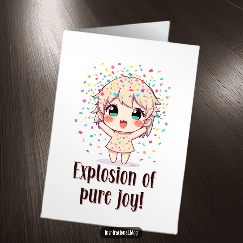 Funny Free Printable Congratulations Card: Character bursting outwards with a shower of colorful confetti, signifying a big win.