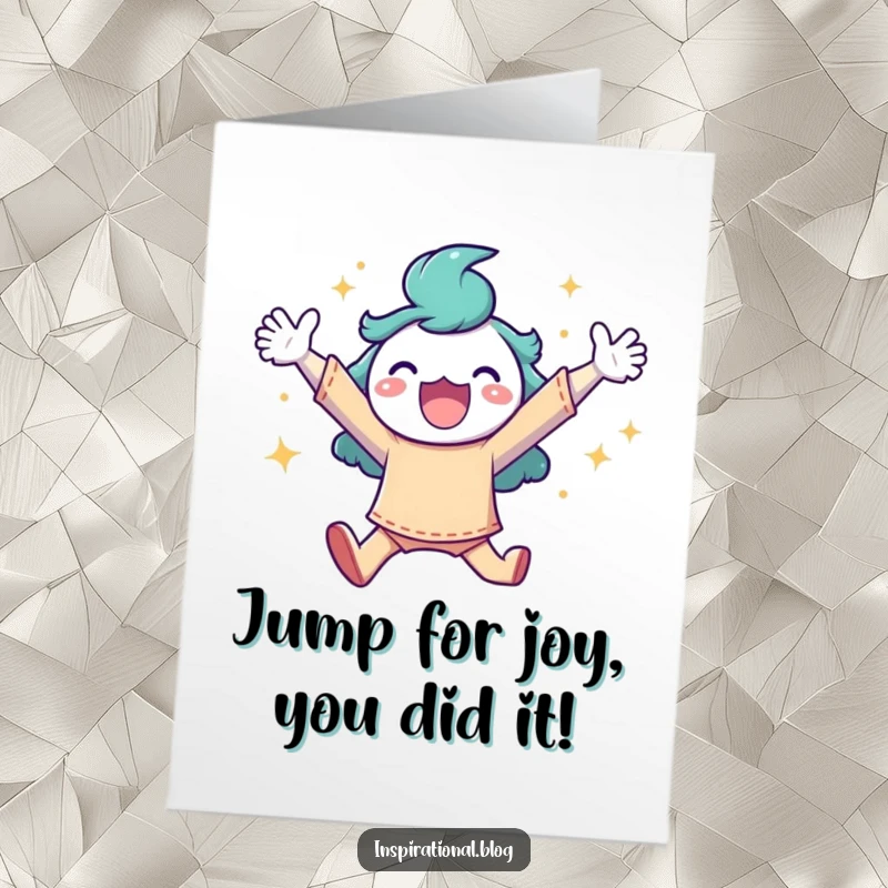 Funny Free Printable Congratulations Card featuring a character leaping high amidst a shower of sparkles, celebrating a grand achievement.