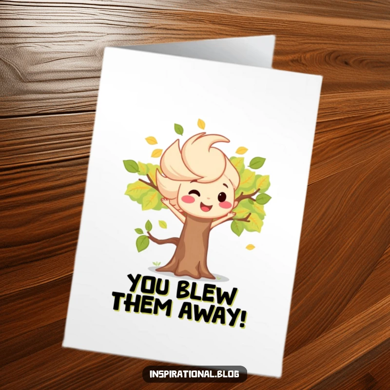 Funny Free Printable Congrats Card: A playful gust of wind happily blowing colorful leaves, celebrating an achievement.