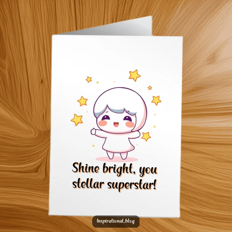 Funny Free Printable Congratulations Card showing a character expertly juggling bright stars, celebrating a huge and wonderful accomplishment.