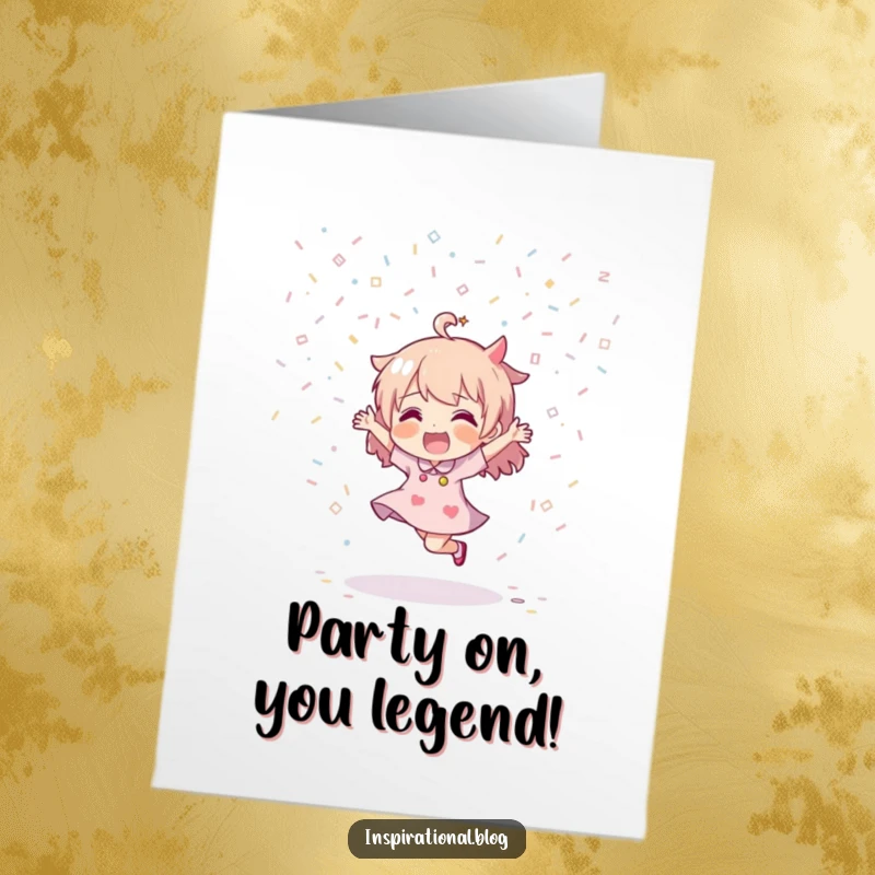 Funny Free Printable Congratulations Card showing a character dancing enthusiastically under a cascade of confetti, celebrating a major accomplishment.