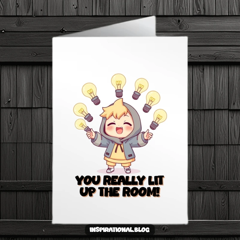 Funny Free Printable Congratulations Card showing a character expertly juggling glowing light bulbs, signifying achievement and bright futures.