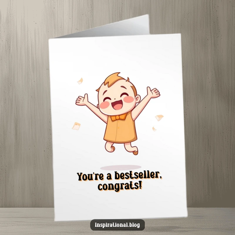 Funny Free Printable Congratulations Card with a happy book character jumping enthusiastically, celebrating achievements.