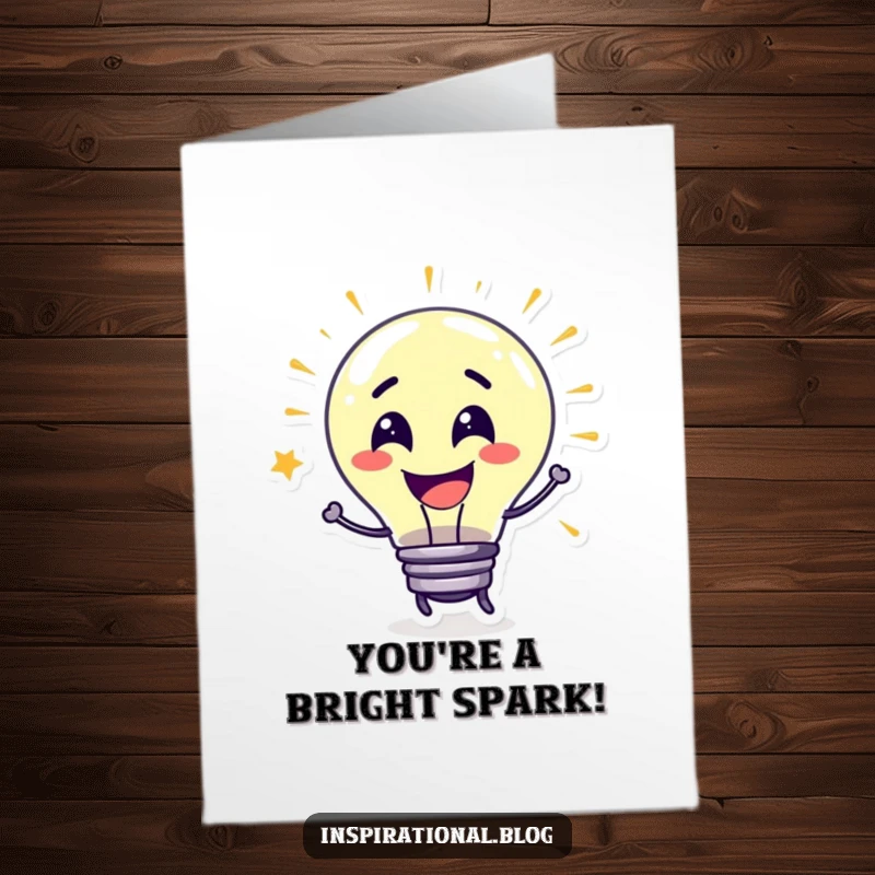 Funny Free Printable congratulations card showing a lightbulb character radiating ideas, celebrating a brilliant success.