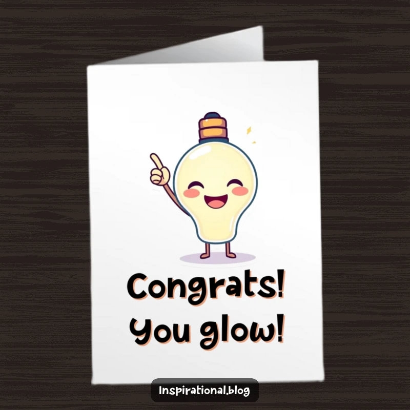 Funny Free Printable Congratulations Card: A smiling lightbulb character pointing its glow upwards, celebrating a bright success.