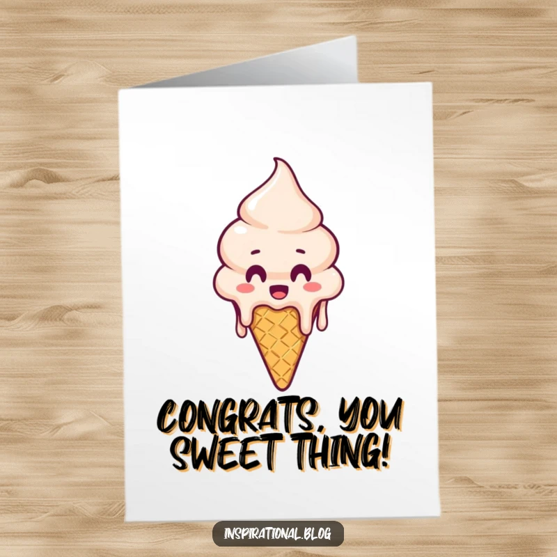 Funny Free Printable Congratulations Card: A surprised melting ice cream cone dripping, conveying a humorous 'wow' moment for your downloadable card.