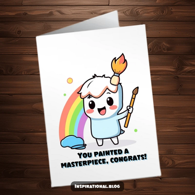 Funny Free Printable Congratulations Card: A cheerful paintbrush character paints a beautiful rainbow, symbolizing success and bright beginnings.