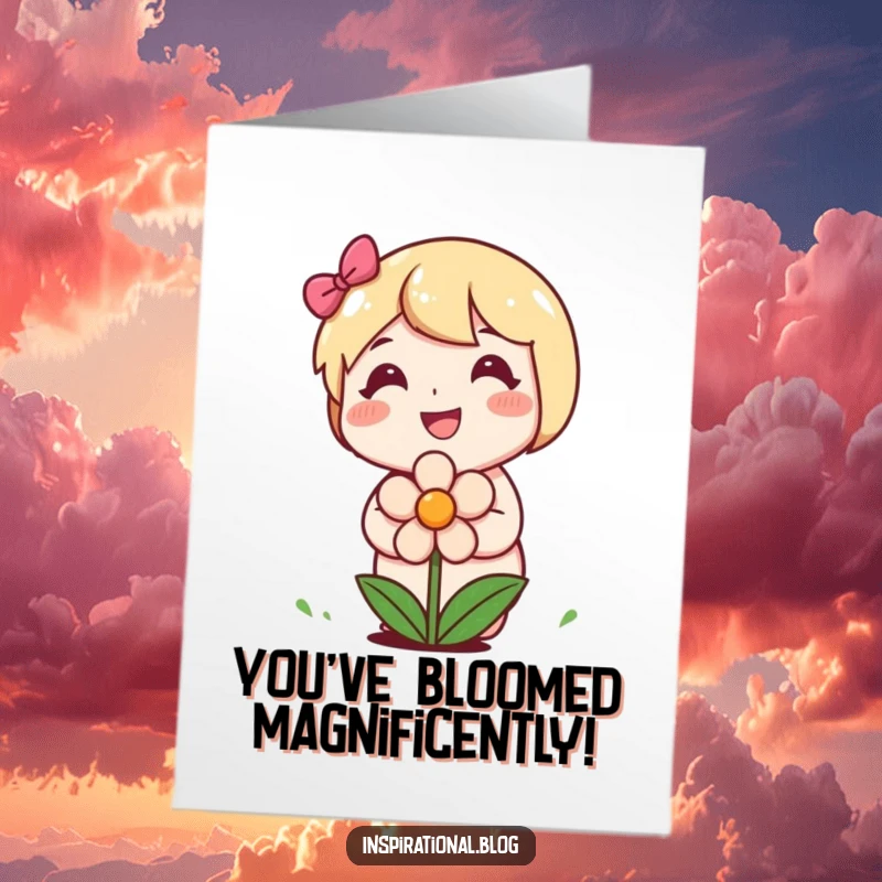 Funny Free Printable Congratulations Card: Happy character plants a smiling flower, signifying growth and blossoming success.