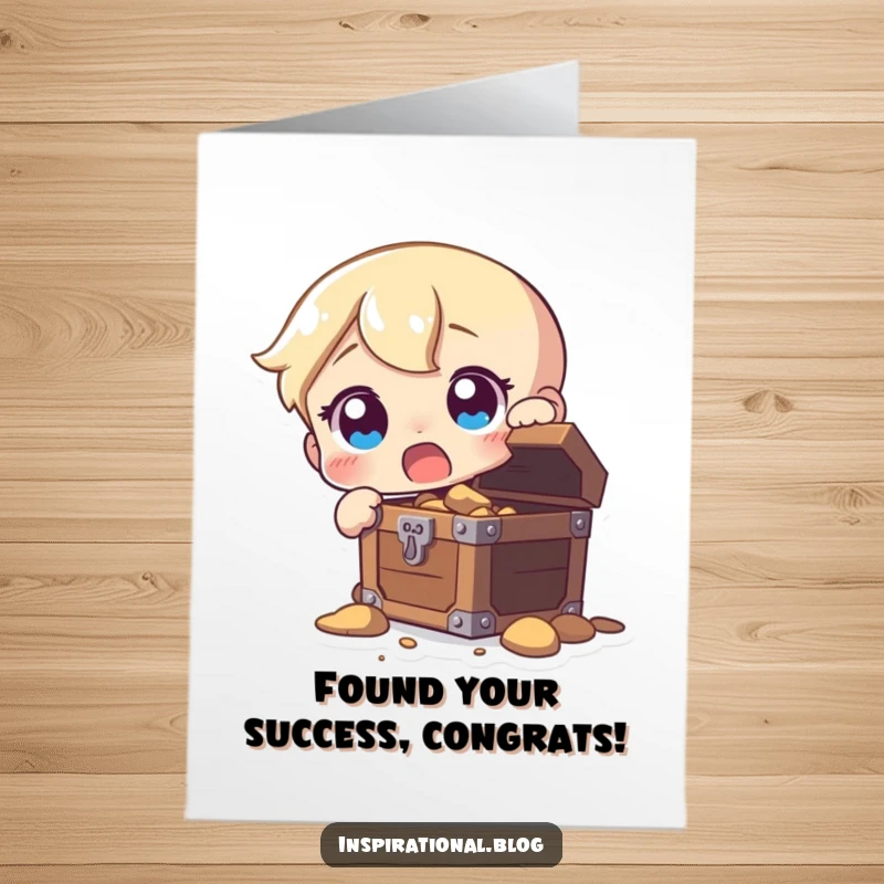 Funny Free Printable Congratulations Card depicting a character’s surprised face upon finding a hidden treasure chest, celebrating a great discovery.