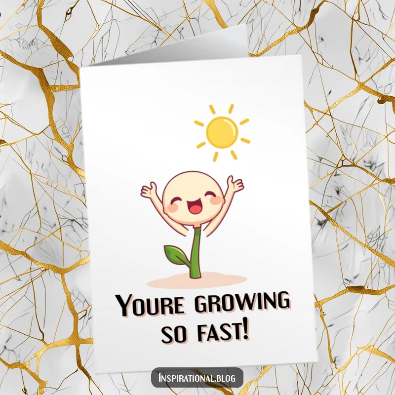 Funny Free Printable Congratulations Card: A cute sprout character proudly reaches towards a radiant sun, symbolizing new beginnings.