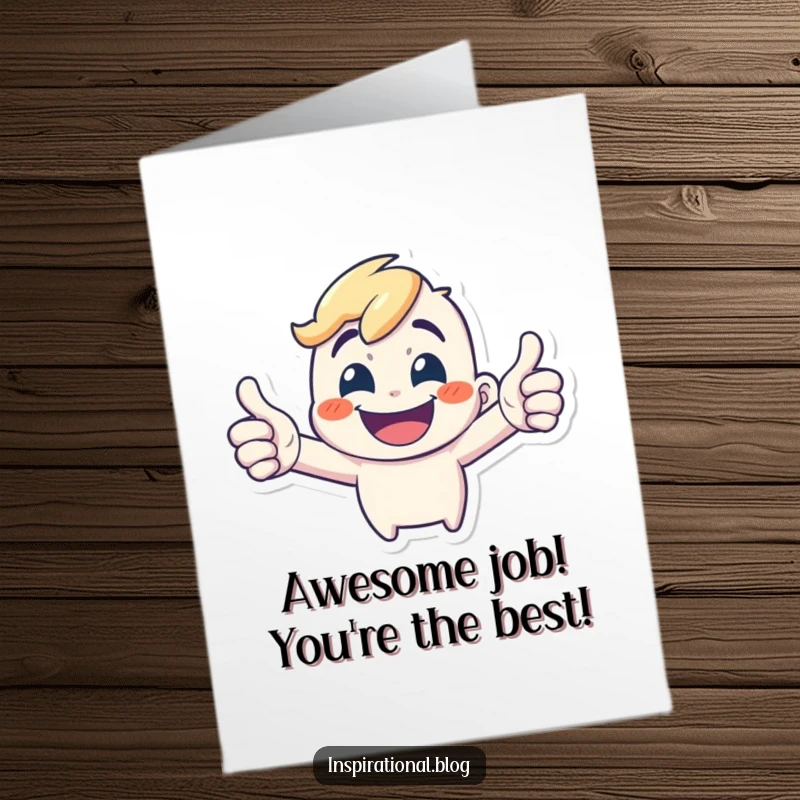 Funny Free Printable Congratulations Card showing a tiny, energetic character giving a double thumbs-up and grinning.