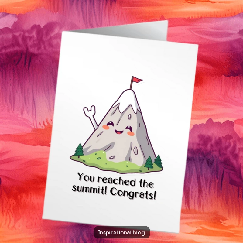 Funny Free Printable Congratulations Card with a smiling mountain character waving a flag, celebrating a triumphant peak achievement.