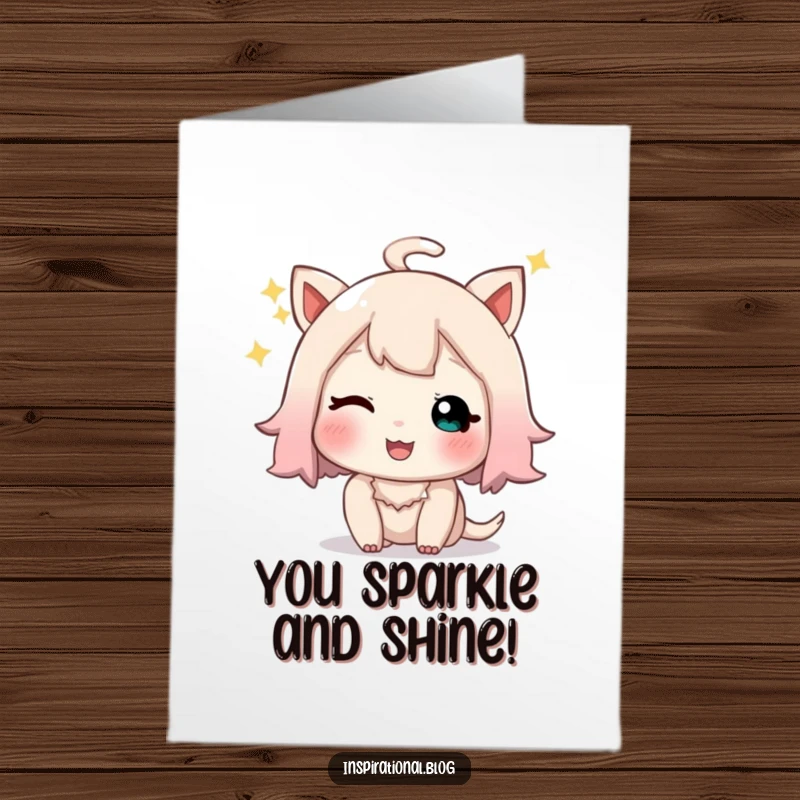 Funny Free Printable Congratulations Card: Little character shares a playful, sparkly wink and a happy sigh.