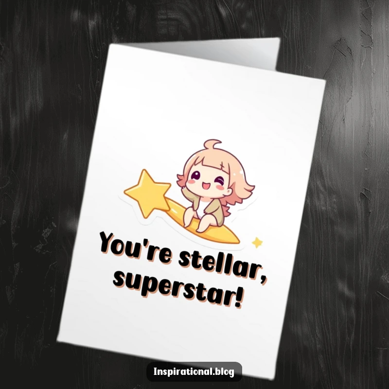 Funny Free Printable Congratulations Card: Giggling character rides a shooting star, celebrating a fantastic achievement.