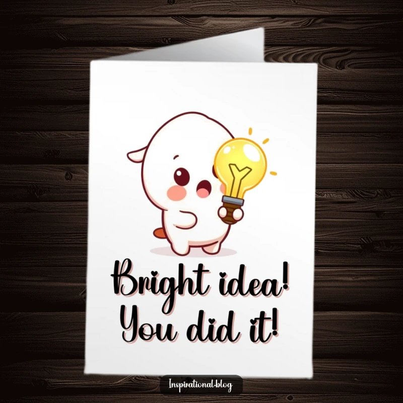 Funny Free Printable Kawaii Idea Bulb Congrats Card: Character with surprised gasp, holding idea, celebrating success, print at home.
