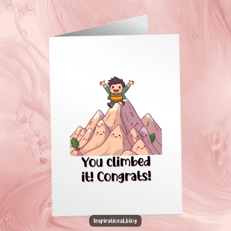 Funny Free Printable Congratulations Card: Joyful character leaping over stylized smiling mountains in celebration.